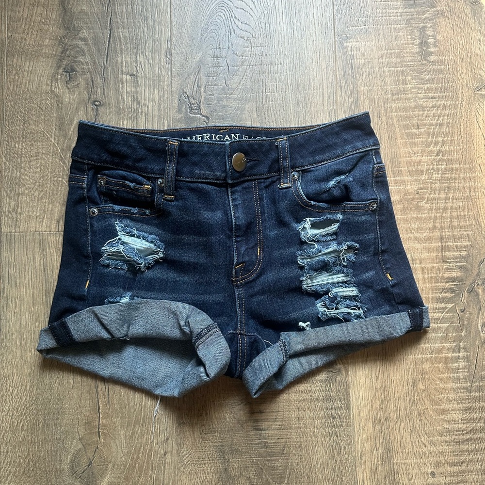 American Eagle Outfitters High Rise Shortie Blue Distressed Jean Shorts